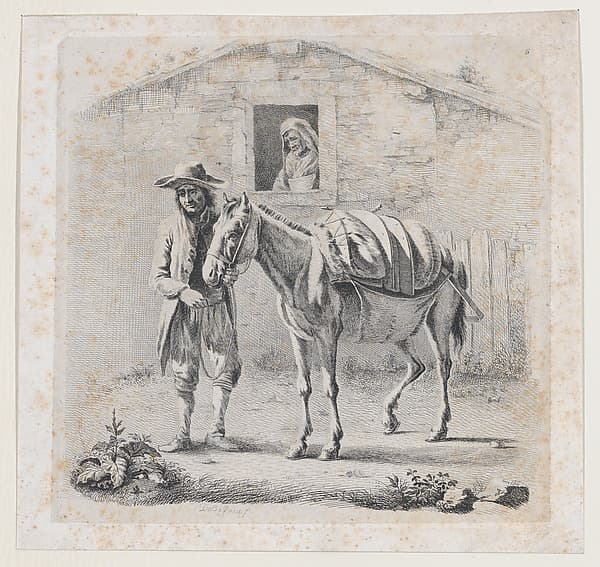 Man Holding a Mule before a House