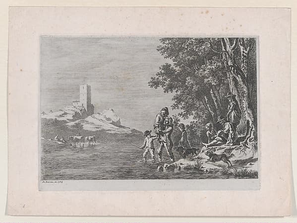 Figures Crossing a River