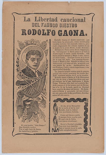 Broadsheet relating to the skillful bullfighter Rodolfo Gaona