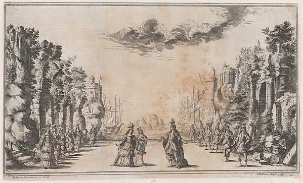A man and two women conversing at center; young men standing to their right and young women to their left; ships in the distance; set design from 'Il Pomo D'Oro'