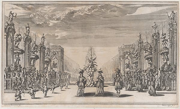 Pleasure garden, with three figures in front of a fountain at center, a row of putti to the left, and a group of women to the right; set design from 'Il Pomo D'Oro'
