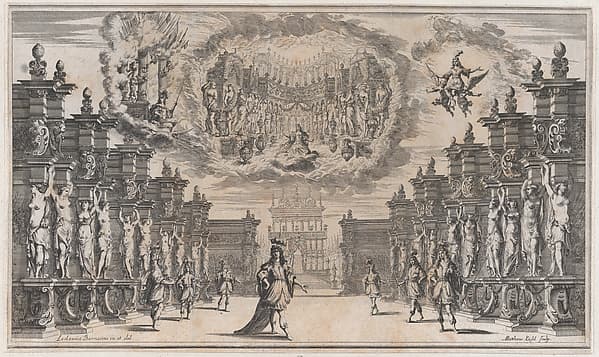 Courtyard of a palace with a man standing at center surrounded by attendants; above, a vision of a woman in a similar scene; set design from 'Il Pomo D'Oro'