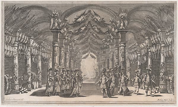 Arsenal of Mars; a group of soldiers standing across from a group of women in an arsenal; ships off in the distance; set design from 'Il Pomo D'Oro'