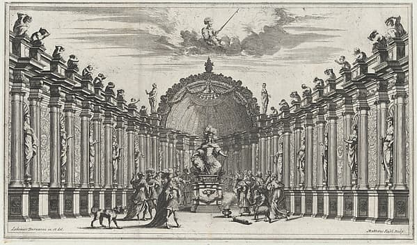 Figures worshipping the statue of an armed figure; set design from 'Il Pomo D'Oro'
