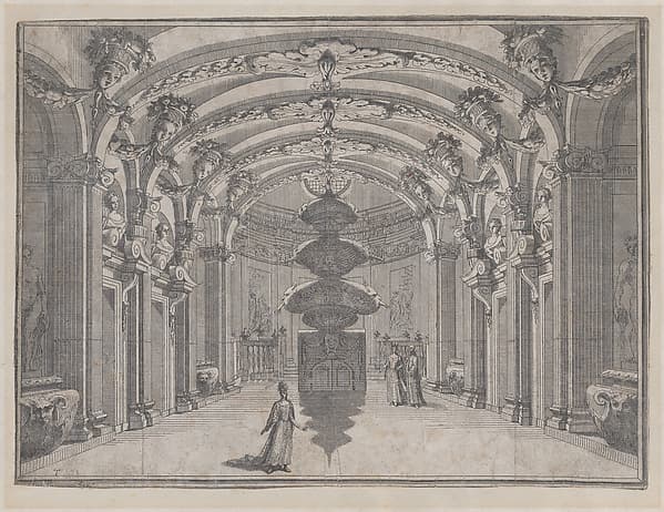 Theatrical scene in a great hall with a vaulted ceiling and a central sculpture; two figures converse in the background while a third stands alone in the foreground