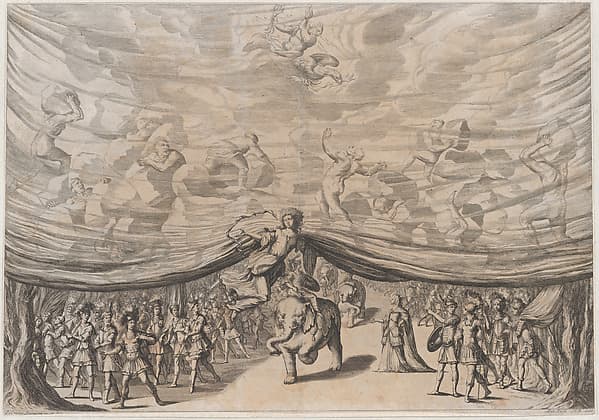 Prologue; the stage curtain is lifted to reveal a soldier on an elephant surrounded by his army; above Jupiter and his eagle look down on men carrying boulders; set design from 'La Monarchia Latina Trionfante'