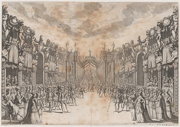 Men and women gathererd in the street to view the entrance of a royal figure, who is carried into the city on a throne; set design from 'La Monarchia Latina Trionfante'