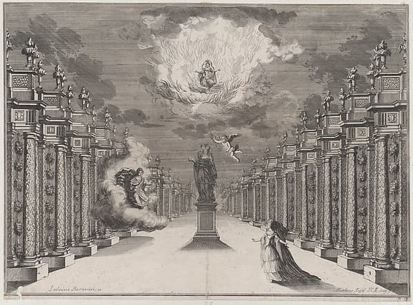 A woman standing on the right side of a road lined with columns; at center a statue of a female with cupid flying nearby; to the left, a woman emerging from the clouds as another sits among flames above; set design from 'Il Fuoco Eterno'