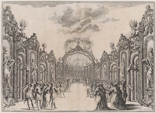 A sacrifice to the Olympian gods taking place at the end of a path lined with statues and foliage; set design from 'Il Fuoco Eterno'