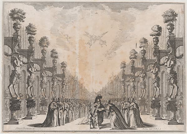 Three men at center, an old man who holding out an open book for a soldier to sign as a smaller man stands to the left holding ink; a large group of men surround them; set design from 'Il Fuoco Eterno'