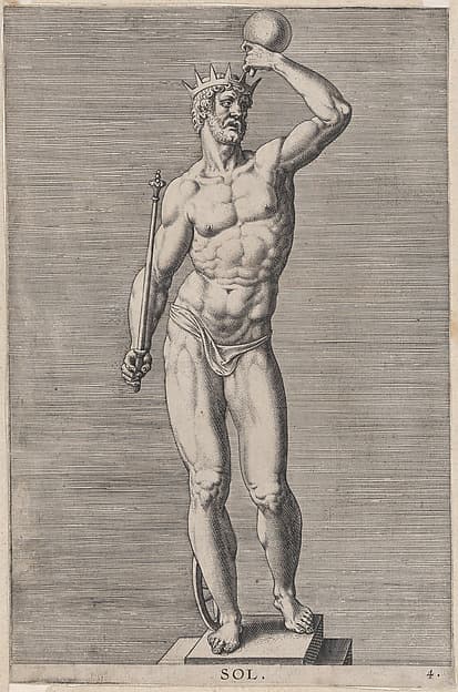 Plate 4: Apollo; statue of the nude god standing on a socle, wearing a crown and holding a scepter in his right hand and an orb in his left; from 'Statues of Roman Gods' after Jacques Jonghelinck