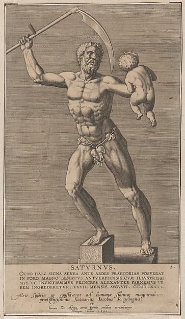 Plate 1: Saturn; statue of the nude god standing on a socle, holding a scythe in his right hand and a child in his left; from 'Statues of Roman Gods' after Jacques Jonghelinck