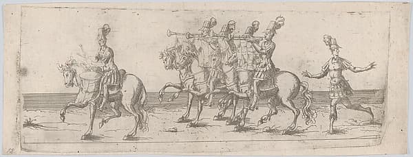Procession, with one man playing a drum atop a horse at front, four men playing trumpets on horses at center, and one man following on foot behind