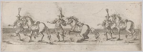 Procession, with three men leading three horses