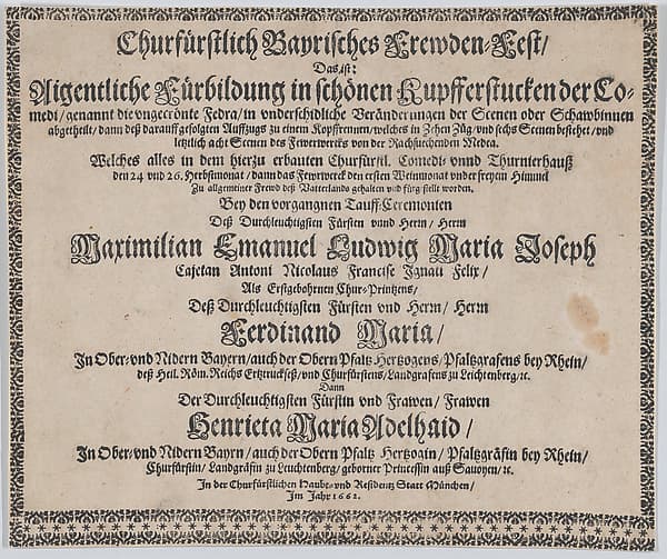 Text to accompany plate illustrating the fireworks display celebrating the birth of Prince Max Emmanuel of Bavaria, Munich, 1662
