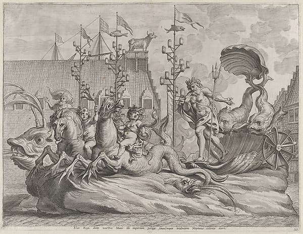 Plate 35: Philip of Spain as Neptune, riding in a chariot drawn by two sea horses; from Guillielmus Becanus's 'Serenissimi Principis Ferdinandi, Hispaniarum Infantis...'