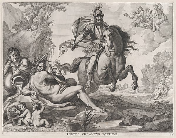 Plate 28: Mars on horseback at center, and Romulus and Remus with the wolf at lower left; from Guillielmus Becanus's 'Serenissimi Principis Ferdinandi, Hispaniarum Infantis...'