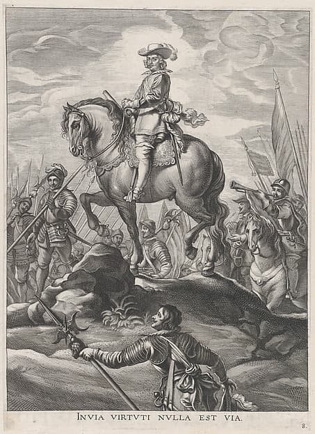 Plate 8: Ferdinand on horseback crossing the Alps; from Guillielmus Becanus's 'Serenissimi Principis Ferdinandi, Hispaniarum Infantis...'