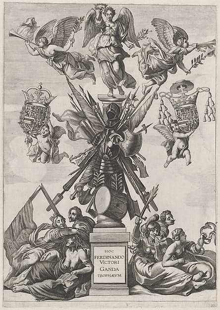 Plate 33: Armorial trophy on a Tuscan column, surrounded by allegorical figures and cherubs bearing the armorial shields of Ferdinand; from Guillielmus Becanus's 'Serenissimi Principis Ferdinandi, Hispaniarum Infantis...'