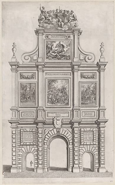 Plate 27: Triumphal arch, elevation of the back, surmounted by allegorical figures and decorated with scenes from Roman mythology and history; from Guillielmus Becanus's 'Serenissimi Principis Ferdinandi, Hispaniarum Infantis...'