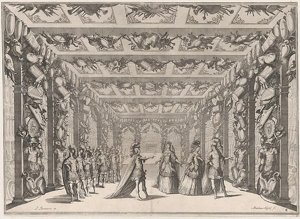 The Arsenal; two soldiers conversing with two women on the right as a group of soldiers look on from the left; set design from 'Il Fuoco Eterno'