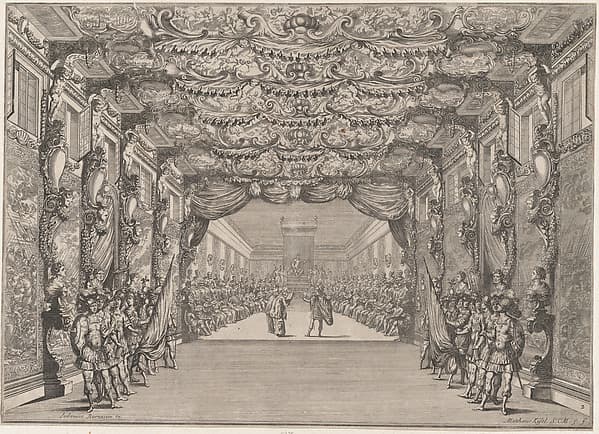 The Roman curia with guards in the anteroom; set design from 'Il Fuoco Eterno'
