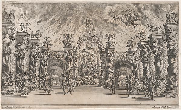 Kingdom of Pluto; a view of the underworld with Pluto and Proserpina enthroned at center, surrounded by demons; set design from 'Il Pomo D'Oro'