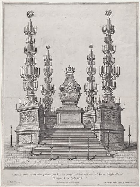 Catafalque for Pope Clement X; central structure at the top of a fifteen step platform, with columns surmounted by candelabra at each of the four corners