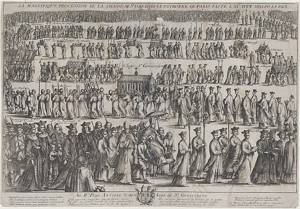 The procession of the casket of St. Genevieve, with clerics and laymen marching in six rows; in the foreground the Archbishop of Paris is carried in a chair, the Chasse in the row above him, and the monks of the monasteries of Paris lead the procession at top