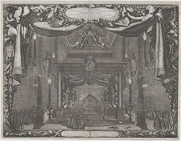 Catafalque of Charles X Gustav, King of Sweden, in the chapel of the castle in Stockholm (Castrum doloris in funere... Caroli Gustavi), from De rebus a Carolo Gustavo Sueciae rege gestis...