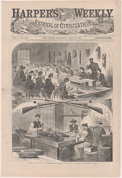 Filling Cartridges at the United States Arsenal, at Watertown, Massachusetts (from "Harper's Weekly," Vol. 5, no. 238, cover)