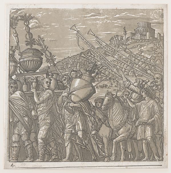 Sheet 4: Men carrying trophies at left, trumpeters at right, from "The Triumph of Julius Caesar"