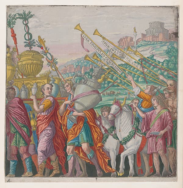 Sheet 4: Men carrying trophies at left, trumpeters at right, from "The Triumph of Julius Caesar"