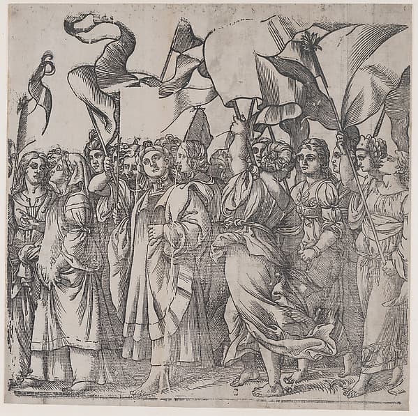 Section C: female martyrs and saints holding banners, from "The Triumph of Christ"