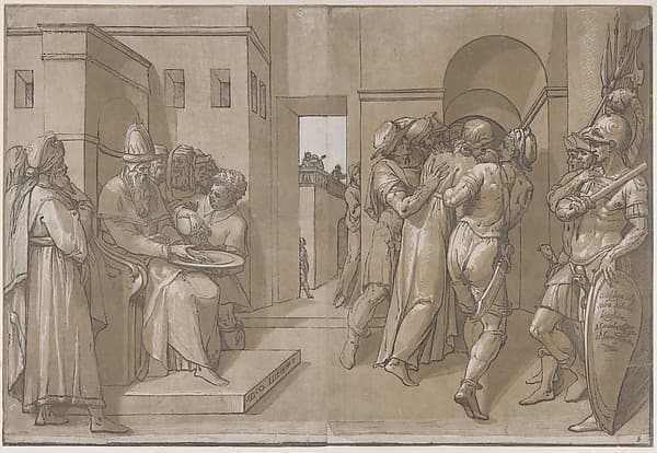 Pilate at the left washing his hands (left side of sheet)