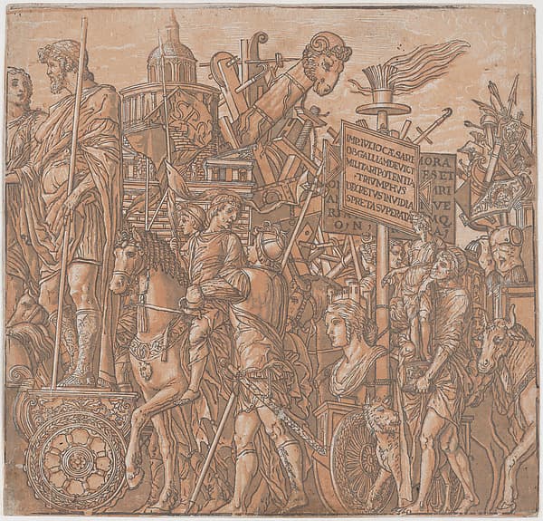 Sheet 2: A figure on a triumphal chariot surrounded by figures on horseback, from "The Triumph of Julius Caesar"