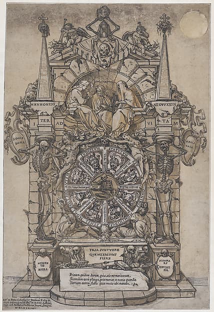 Triumph of Death with three fates in an architectural frame above a wheel of fortune flanked by skeletons; a skull and an hour glass at top and with wheel intended to spin at center