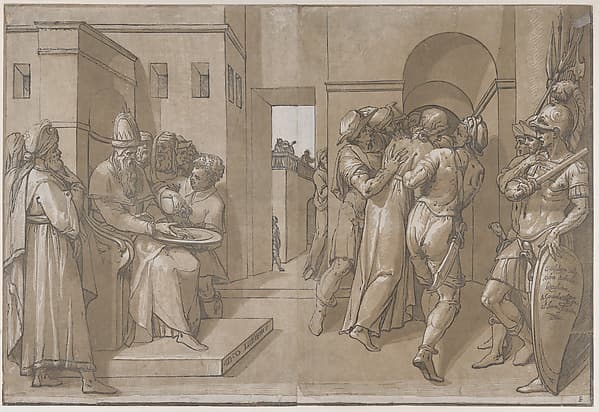Christ is being led away, soldiers stand at the right (right side of sheet)
