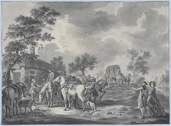 A Gathering of Horsemen and a Coach near a Watering Place