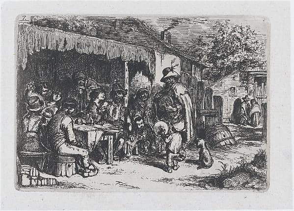 Plate 7: a street musician and a child accomplice playing before a group of seated figures , from the series of customs and pastimes of the Spanish people
