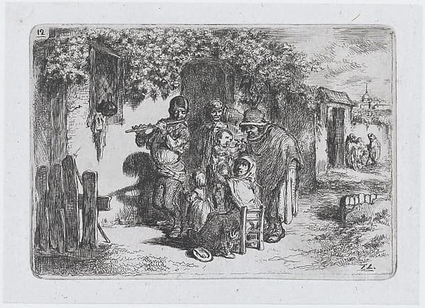Plate 12: a group of people outdoors including a boy playing a flute, from the series of customs and pastimes of the Spanish people
