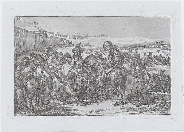 Plate 14: a large group of people outdoors, possibly a troupe of actors, from the series of customs and pastimes of the Spanish people