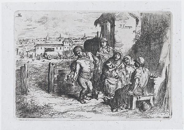 Plate 16: a group of people outdoors, including a man pouring wine or water from a vessel on his back, from the series of customs and pastimes of the Spanish people