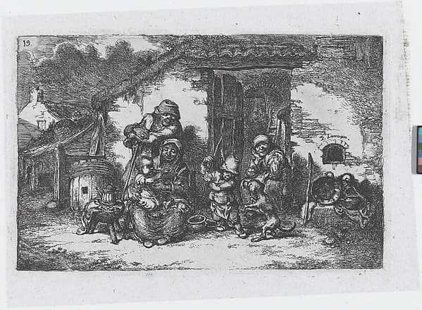 Plate 19: a family and a boy playing with a dog outisde a house, from the series of customs and pastimes of the Spanish people