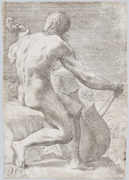 Study from behind of a naked man playing a cello, from the 'Principios para estudiar el Nobilísimo y Real arte de la Pintura' (Madrid 1693)