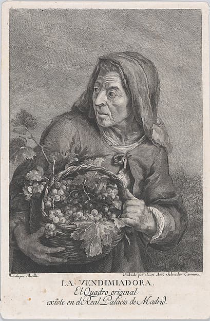 The grape-picker, and elderly woman holding a basket of grapes, after Murillo