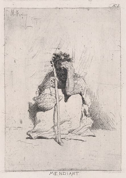 A beggar, seated on the ground holding a stick