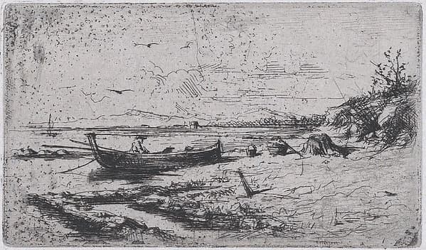 A boat near the shoreline of a beach or a river