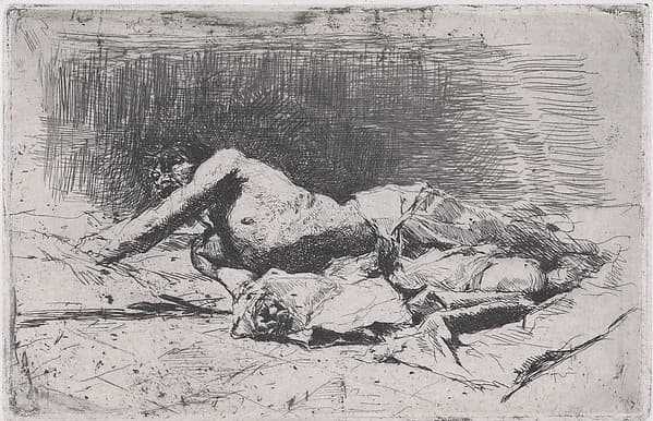 A partly naked man on the ground right arm outstretched