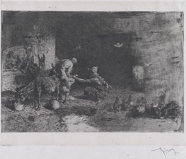 A Morrocan farrier at left accompanied by another figure attending to the hoof of a mule
